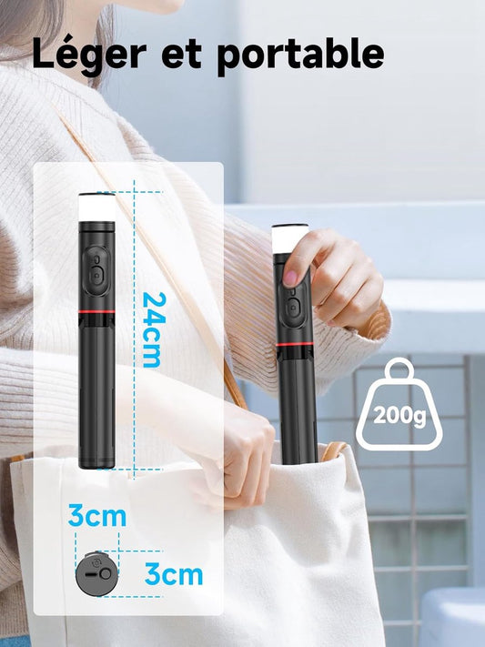 Selfie stick - Phone tripod - Tripod with auxiliary light - Mobile phone holder - With lighting function - Remote control - 75mm aluminum phone holder - Selfie stick for smartphones