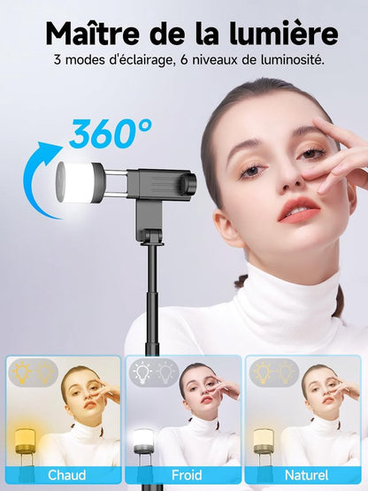 Selfie stick - Phone tripod - Tripod with auxiliary light - Mobile phone holder - With lighting function - Remote control - 75mm aluminum phone holder - Selfie stick for smartphones